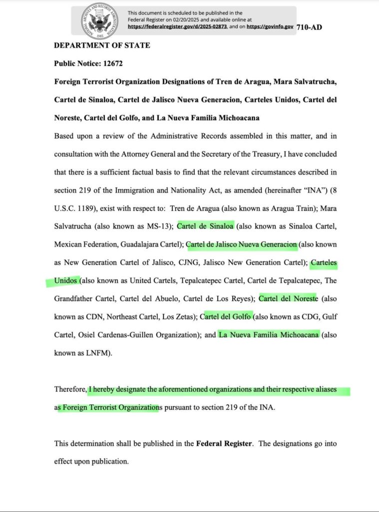 Seis carteles mexicanos entran en la "lista negra" de organizaciones terroristas, lo que podría afectar sus relaciones internacionales.